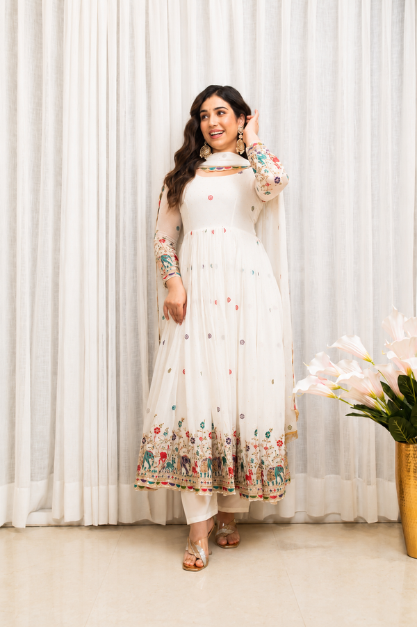 White Embroidered Anarkali Suit Set