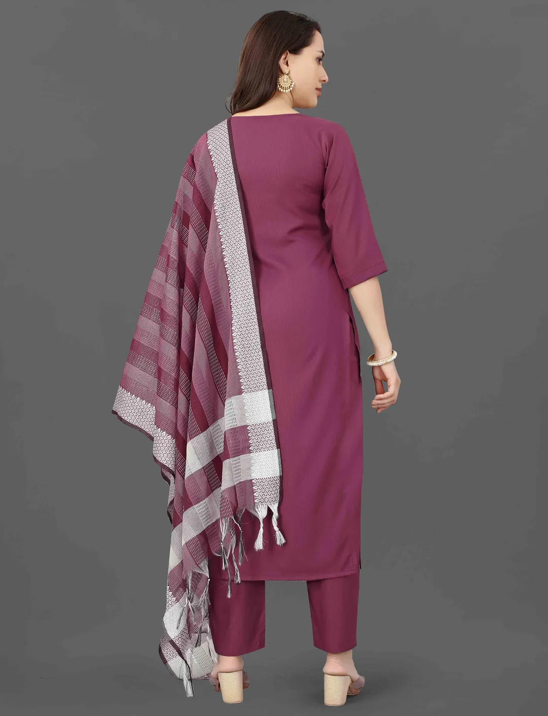 Wine Embroidered Cotton Blend Kurti Pant Dupatta Set