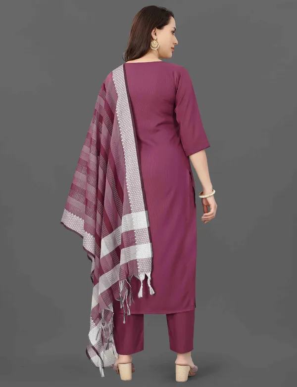 Wine Embroidered Cotton Blend Kurti Pant Dupatta Set