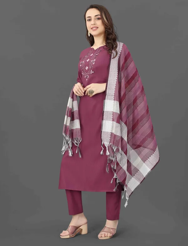 Wine Embroidered Cotton Blend Kurti Pant Dupatta Set