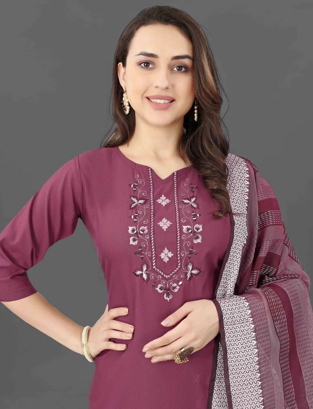 Wine Embroidered Cotton Blend Kurti Pant Dupatta Set