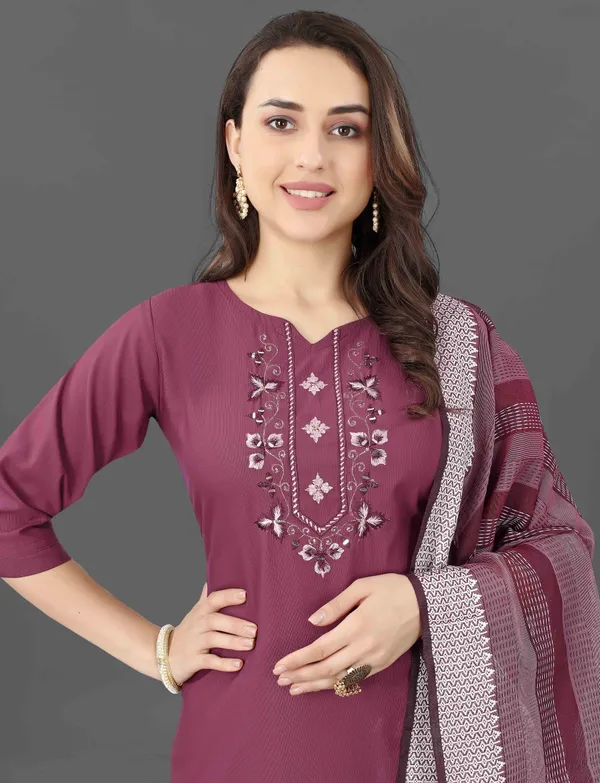 Wine Embroidered Cotton Blend Kurti Pant Dupatta Set