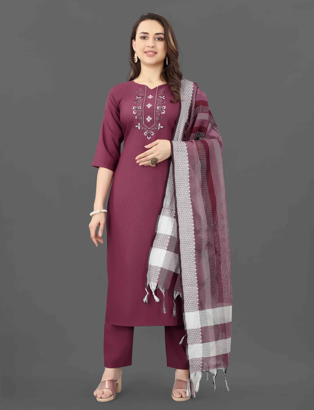 Wine Embroidered Cotton Blend Kurti Pant Dupatta Set