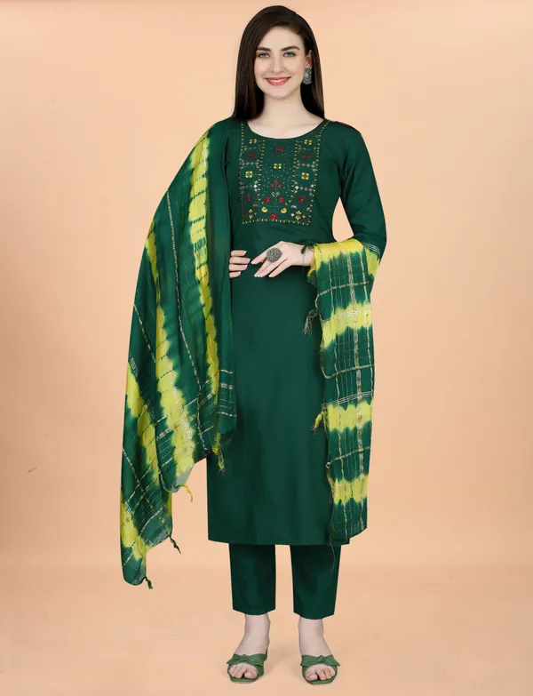Emerald Green Embroidered Kurta Pant Dupatta Set