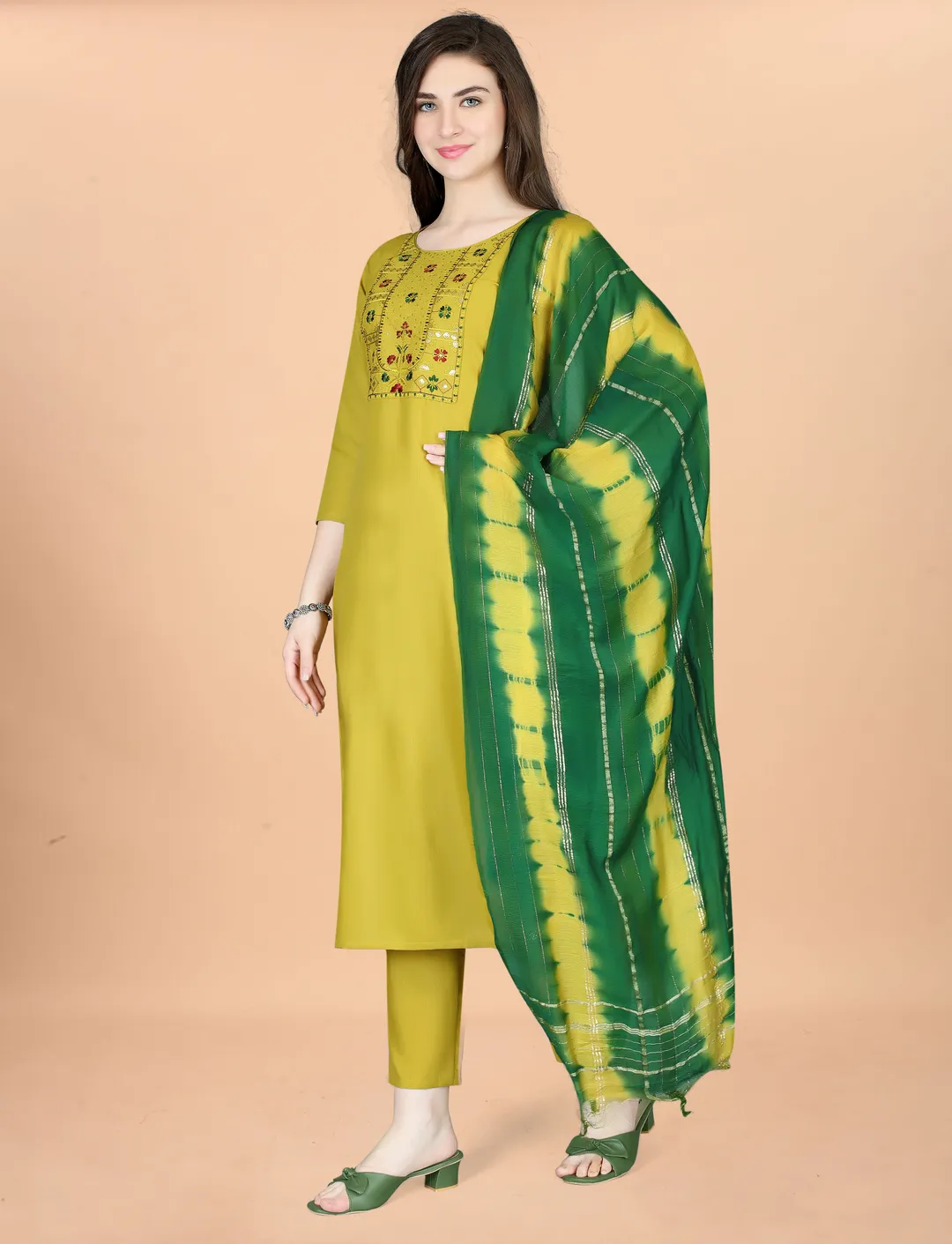Mustard Embroidered Kurta Pant Dupatta Set for Women
