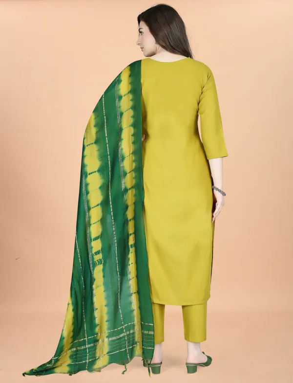 Mustard Embroidered Kurta Pant Dupatta Set for Women