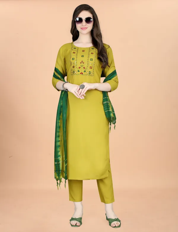 Mustard Embroidered Kurta Pant Dupatta Set for Women