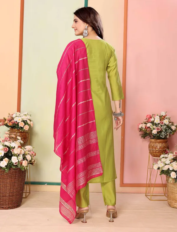 Olive Silk Embroidered Kurta Pant Dupatta Set Women