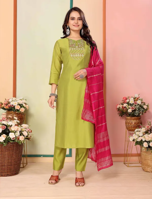 Olive Silk Embroidered Kurta Pant Dupatta Set Women