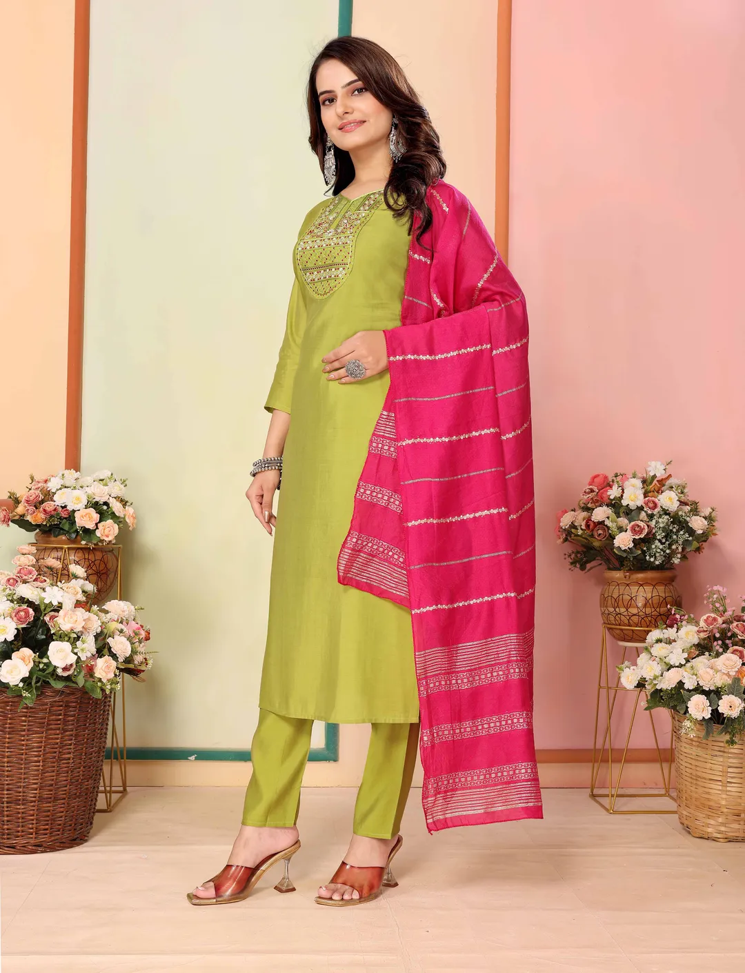 Olive Silk Embroidered Kurta Pant Dupatta Set Women