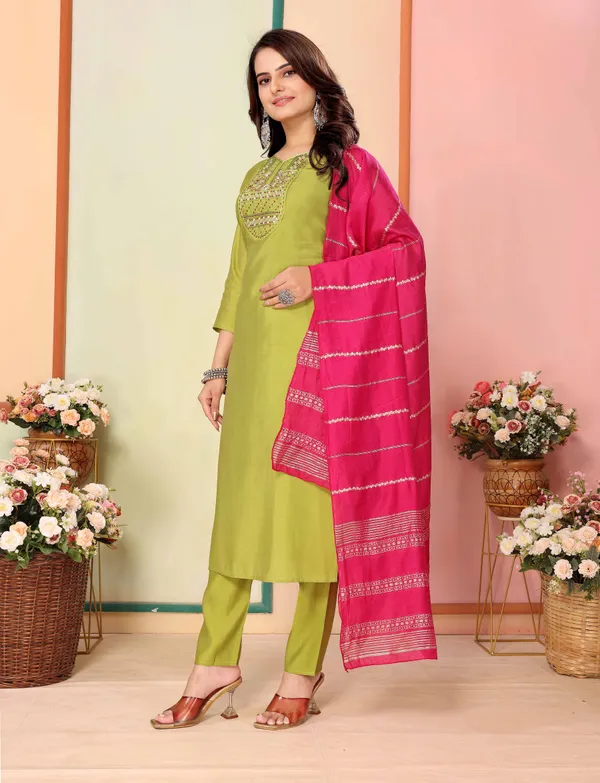 Olive Silk Embroidered Kurta Pant Dupatta Set Women