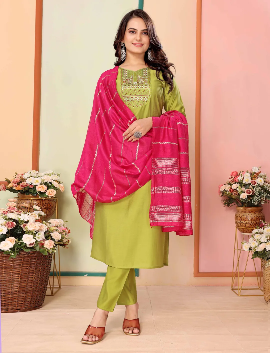 Olive Silk Embroidered Kurta Pant Dupatta Set Women