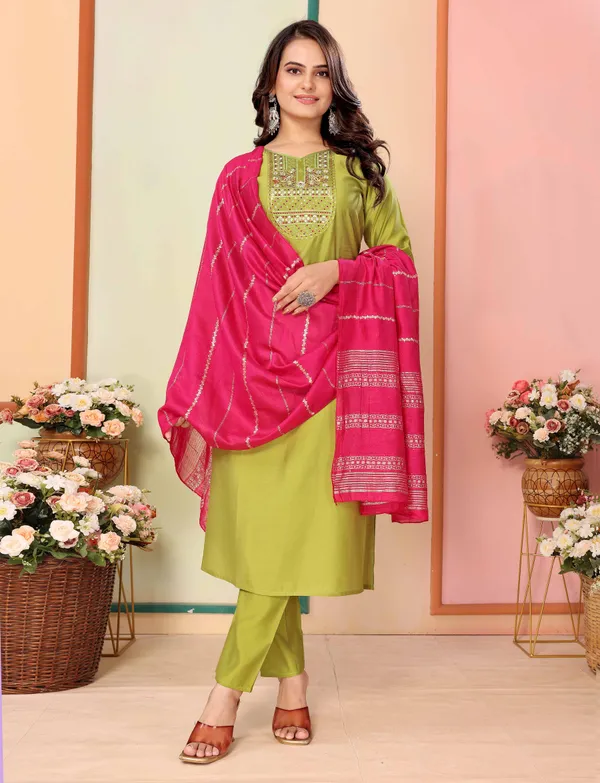Olive Silk Embroidered Kurta Pant Dupatta Set Women