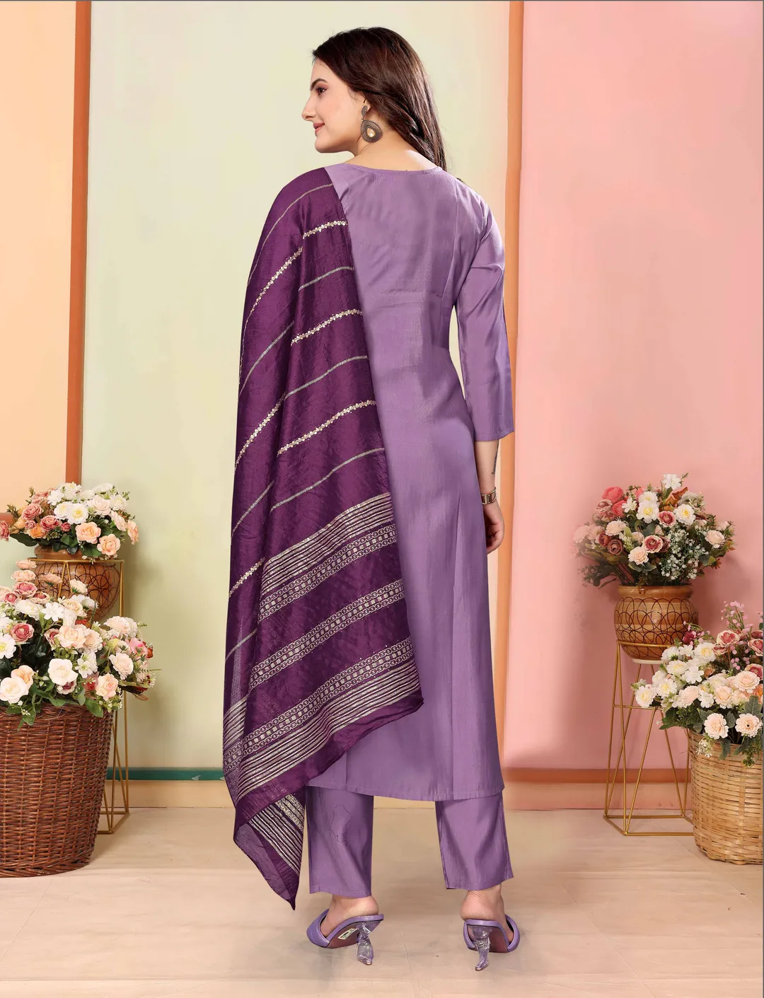 Lavender Silk Embroidered Kurta Pant Dupatta Set