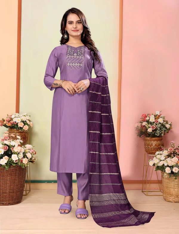 Lavender Silk Embroidered Kurta Pant Dupatta Set