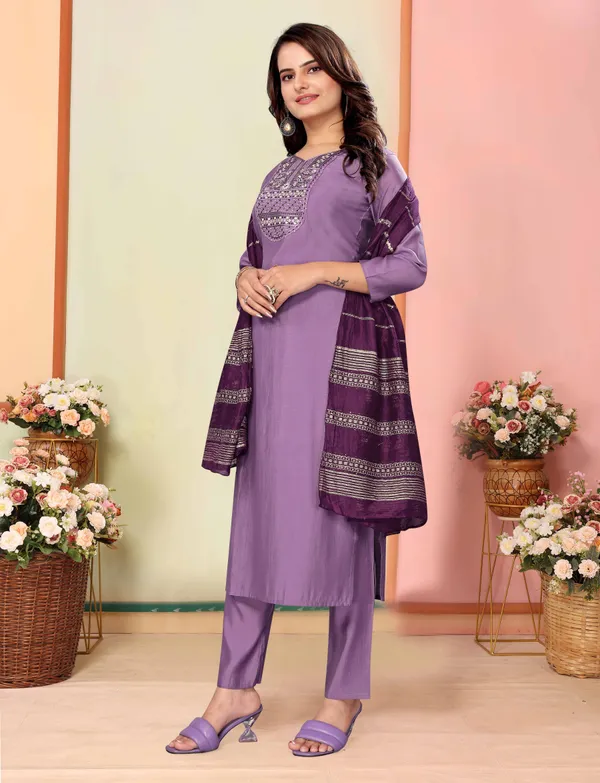 Lavender Silk Embroidered Kurta Pant Dupatta Set