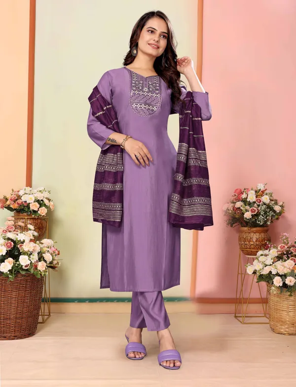 Lavender Silk Embroidered Kurta Pant Dupatta Set