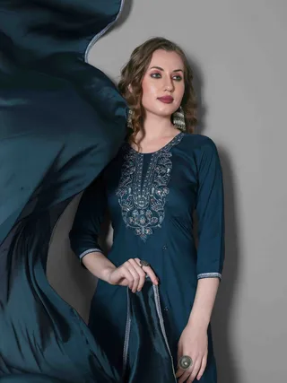 Teal Blue Embroidered Silk Blend Kurta Dupatta Set