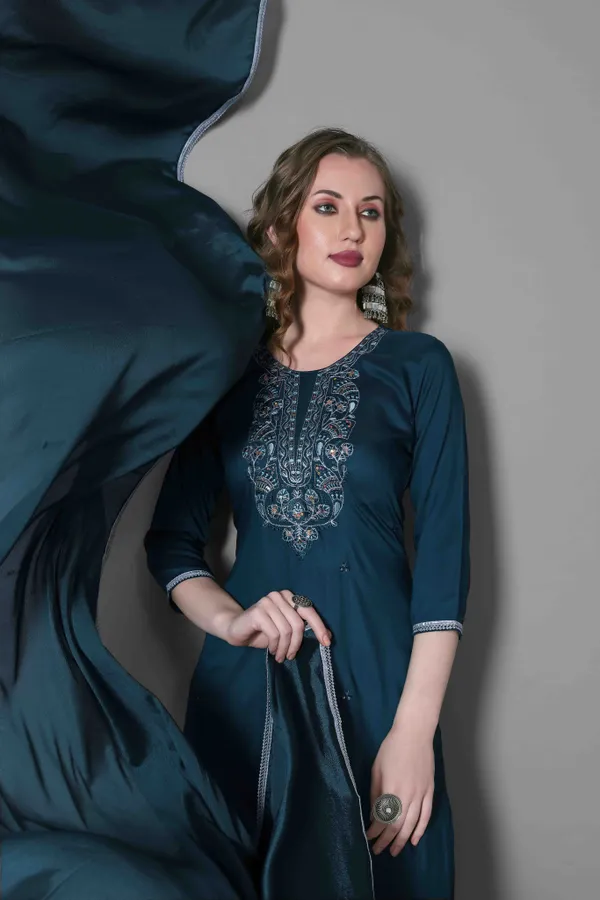 Teal Blue Embroidered Silk Blend Kurta Dupatta Set
