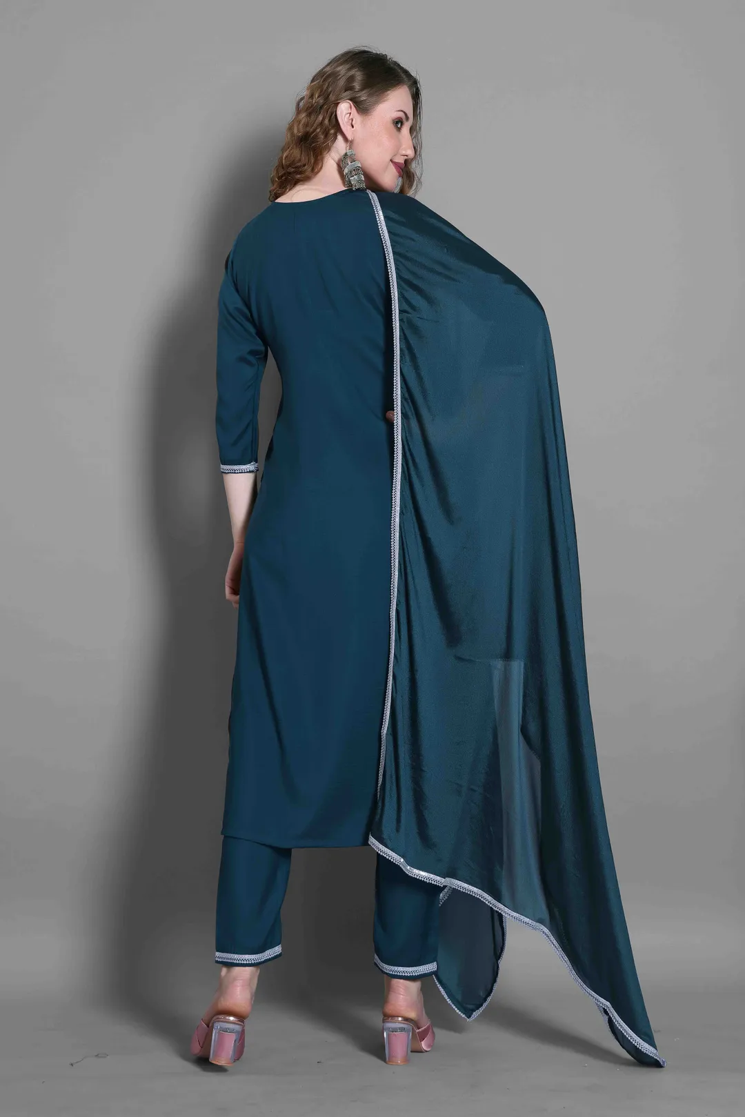Teal Blue Embroidered Silk Blend Kurta Dupatta Set