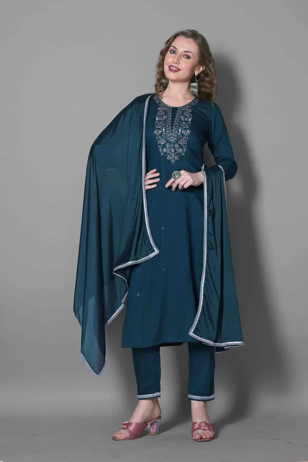 Teal Blue Embroidered Silk Blend Kurta Dupatta Set