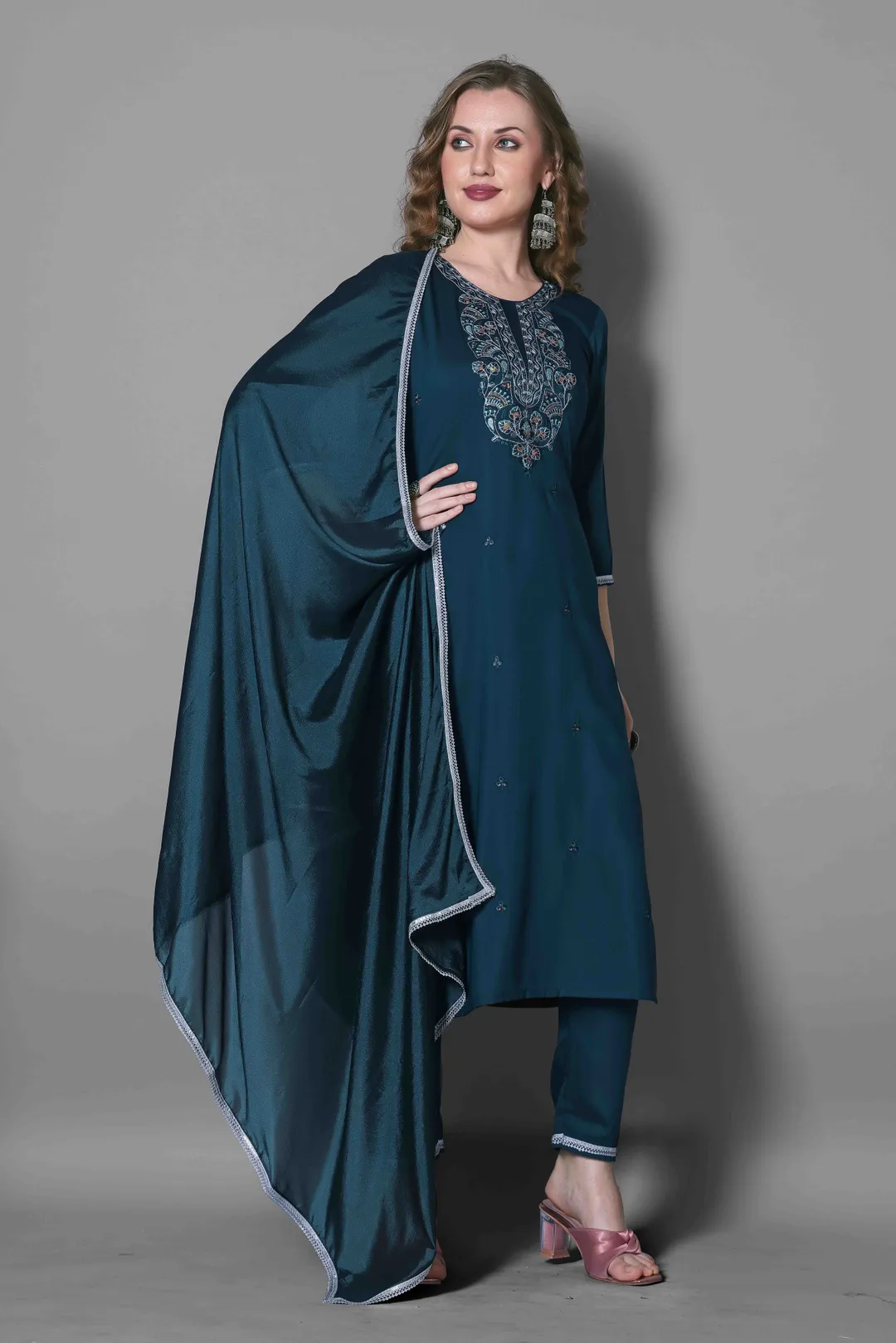 Teal Blue Embroidered Silk Blend Kurta Dupatta Set
