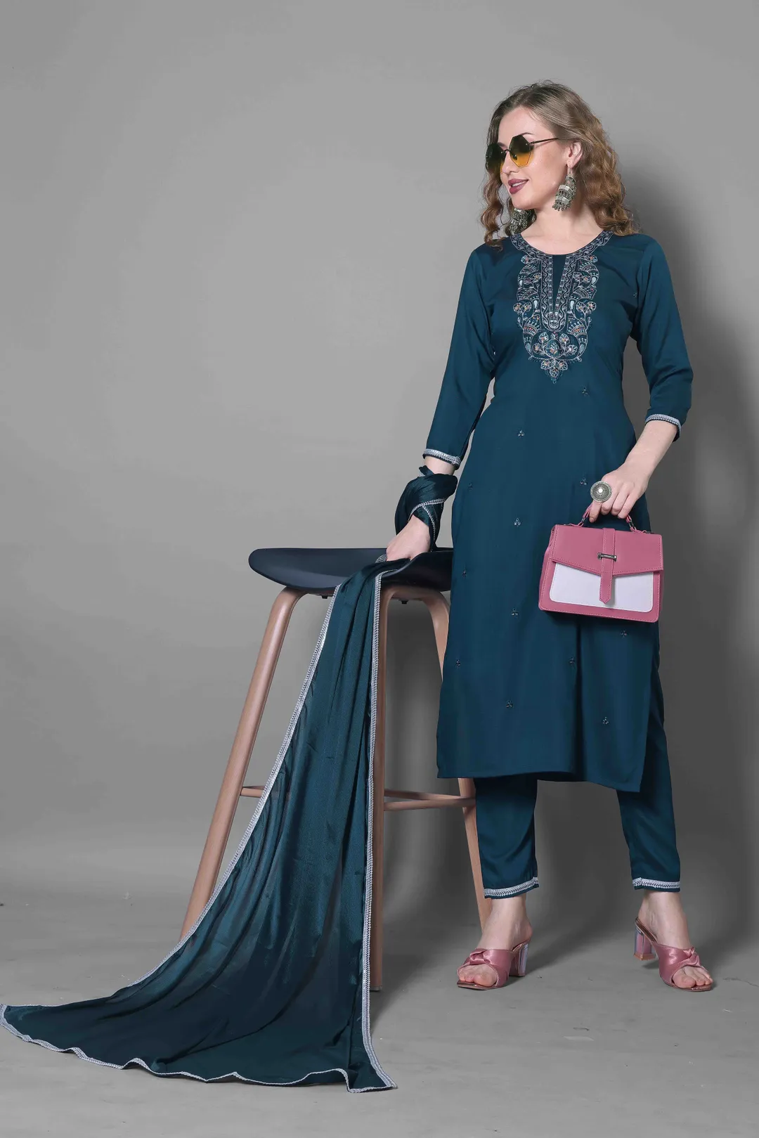 Teal Blue Embroidered Silk Blend Kurta Dupatta Set