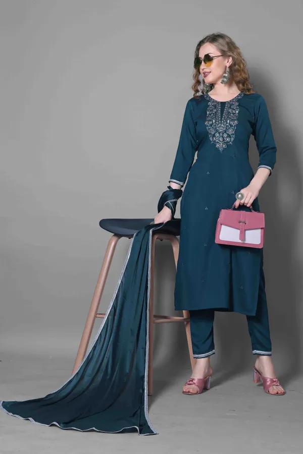 Teal Blue Embroidered Silk Blend Kurta Dupatta Set