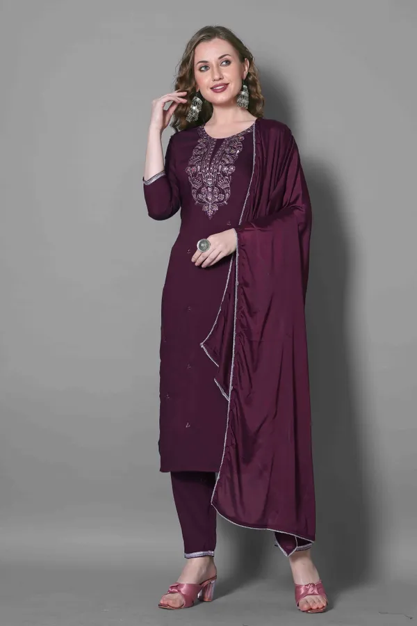 Wine Embroidered Silk Blend Kurta Dupatta Set Women