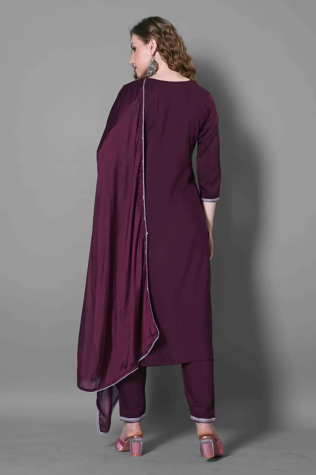 Wine Embroidered Silk Blend Kurta Dupatta Set Women