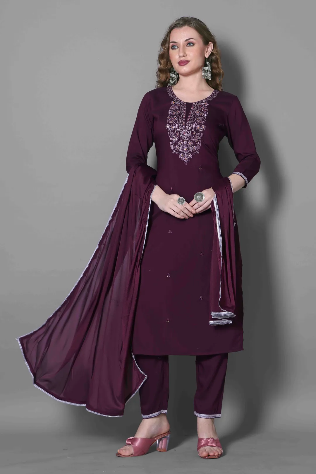 Wine Embroidered Silk Blend Kurta Dupatta Set Women