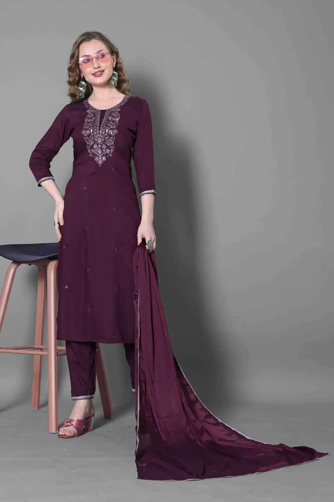 Wine Embroidered Silk Blend Kurta Dupatta Set Women