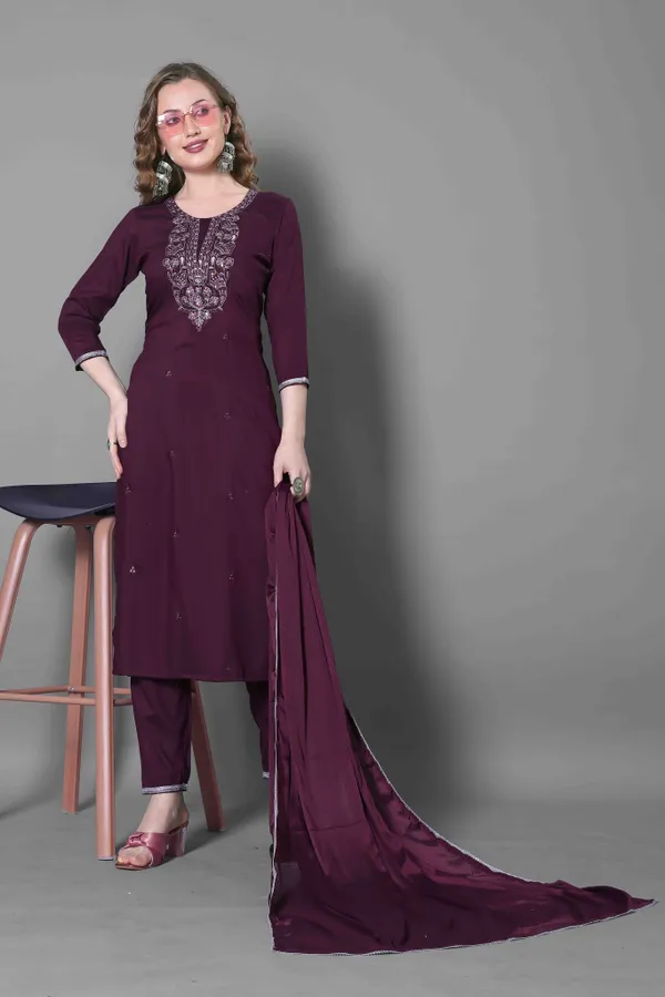 Wine Embroidered Silk Blend Kurta Dupatta Set Women