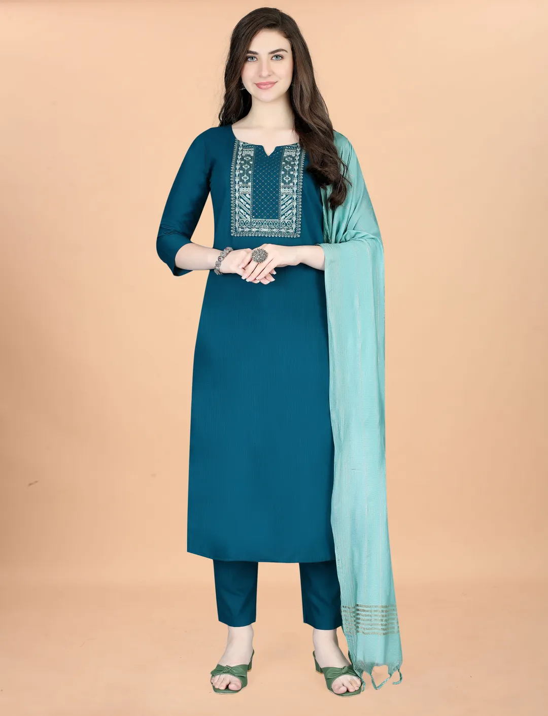 Teal Embroidered Cotton Blend Kurta Dupatta Set Women