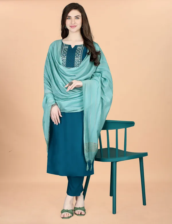Teal Embroidered Cotton Blend Kurta Dupatta Set Women