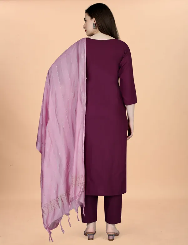 Wine Embroidered Cotton Blend Kurta Pant Dupatta Set