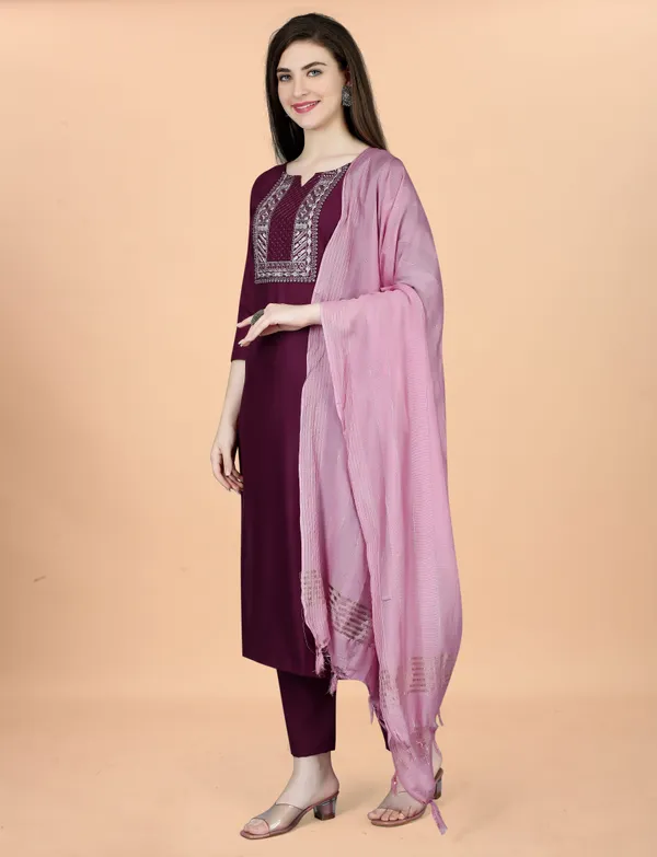 Wine Embroidered Cotton Blend Kurta Pant Dupatta Set