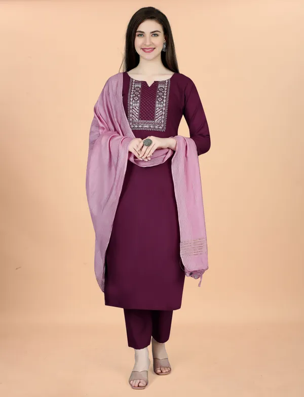 Wine Embroidered Cotton Blend Kurta Pant Dupatta Set