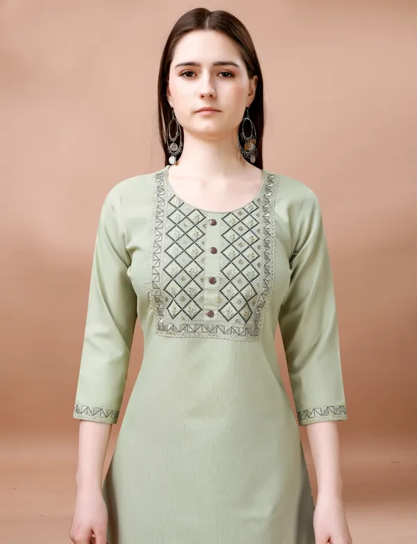 Sage Green Embroidered Cotton Kurta Pant Dupatta Set
