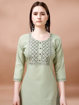 Sage Green Embroidered Cotton Kurta Pant Dupatta Set