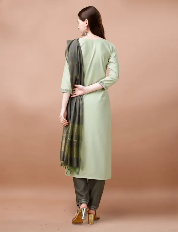 Sage Green Embroidered Cotton Kurta Pant Dupatta Set