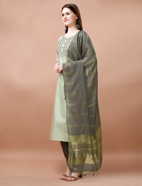 Sage Green Embroidered Cotton Kurta Pant Dupatta Set