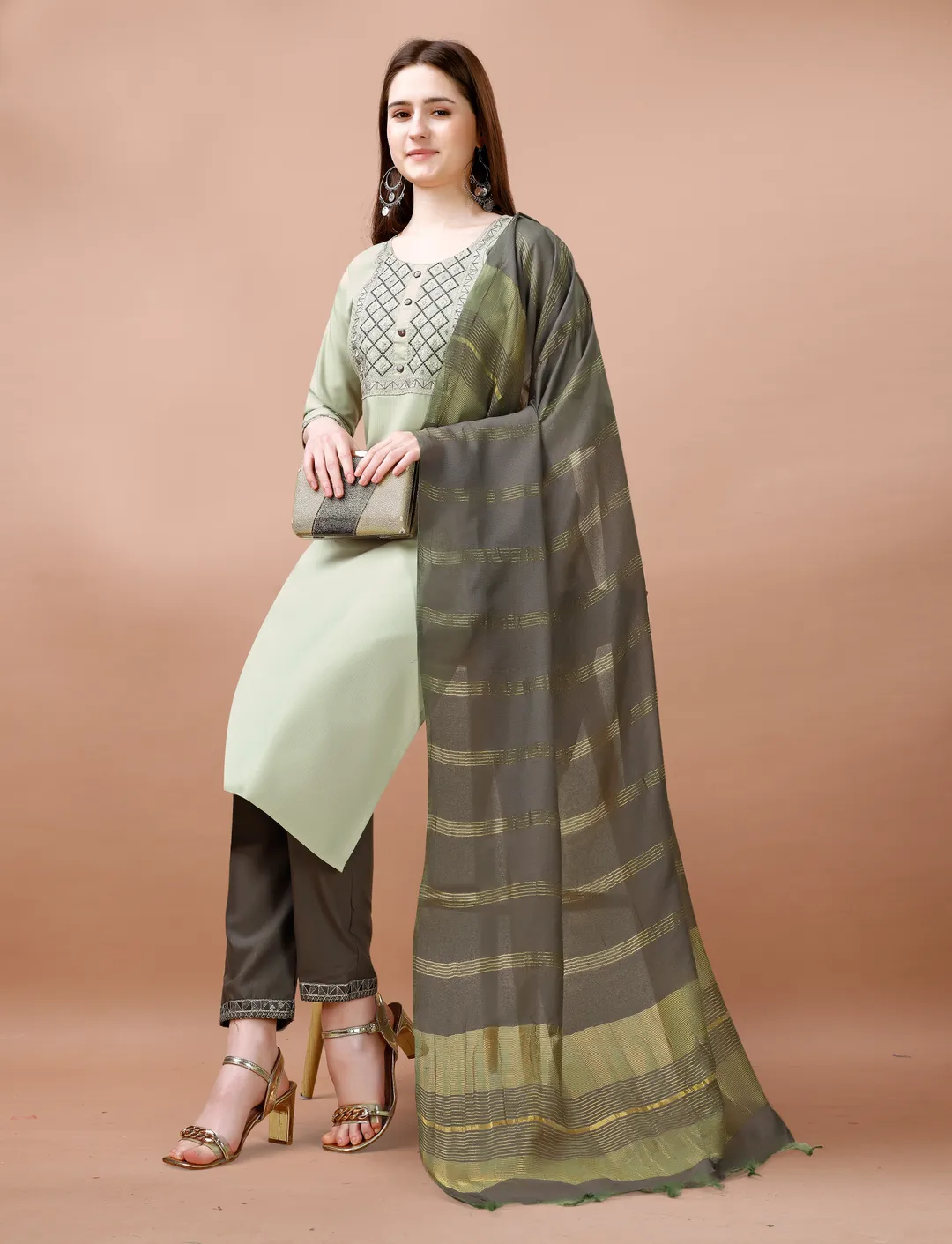 Sage Green Embroidered Cotton Kurta Pant Dupatta Set
