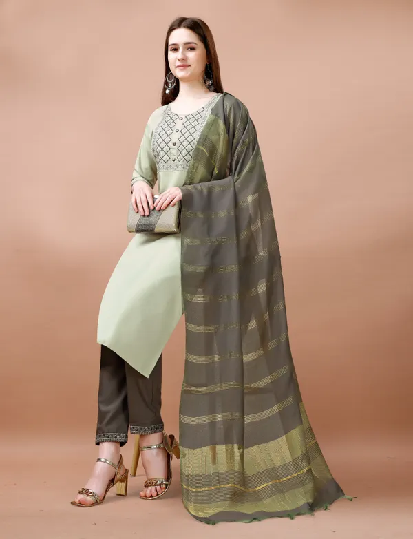 Sage Green Embroidered Cotton Kurta Pant Dupatta Set