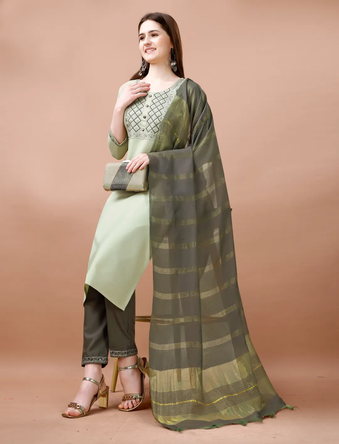 Sage Green Embroidered Cotton Kurta Pant Dupatta Set