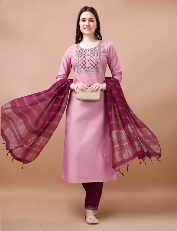 Blush Pink Embroidered Kurta Pant Dupatta Set Women