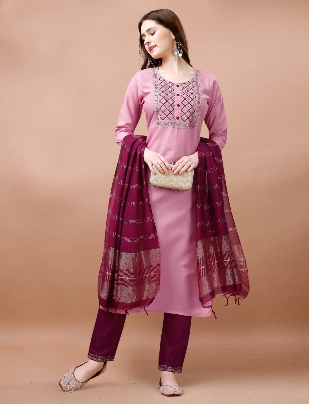 Blush Pink Embroidered Kurta Pant Dupatta Set Women