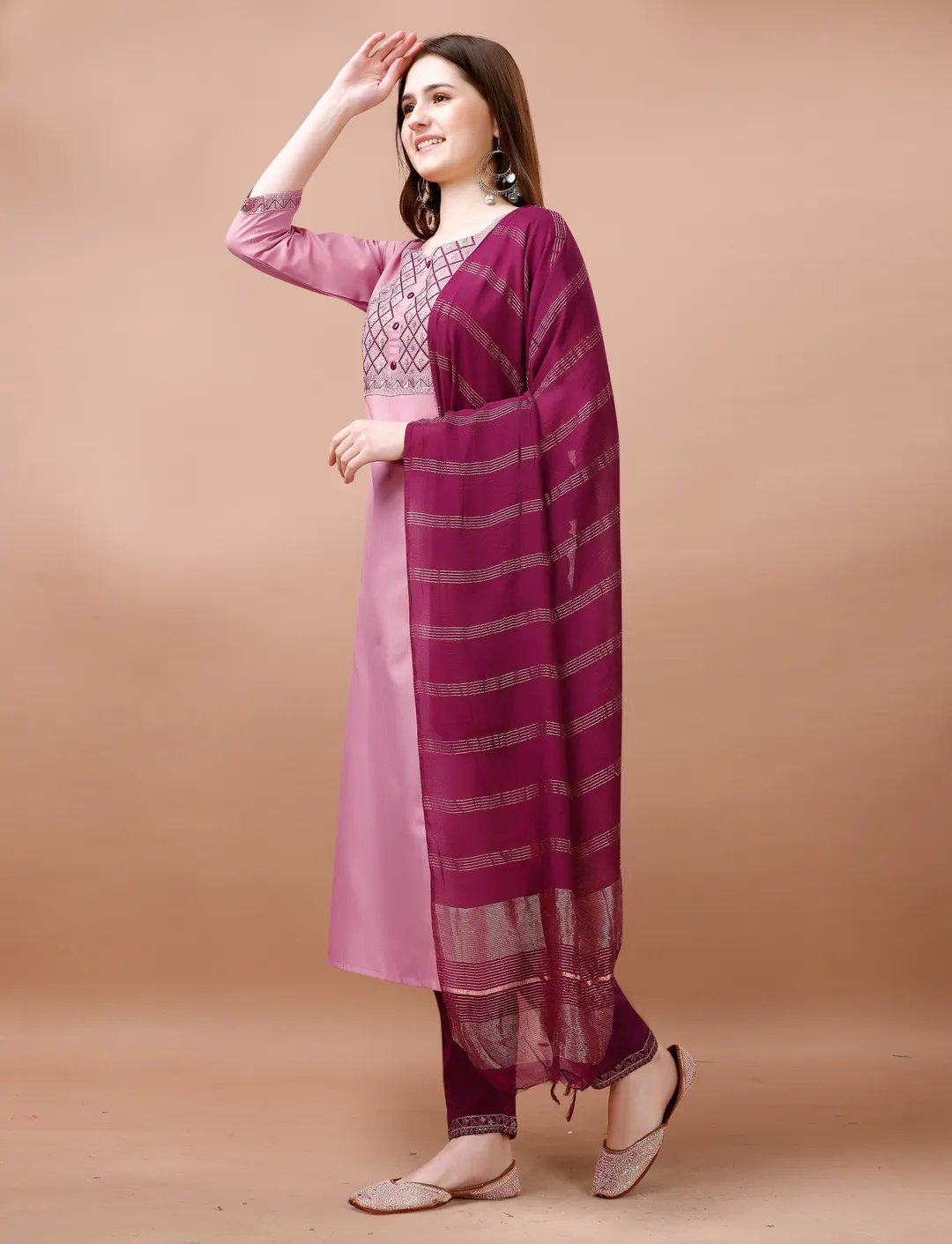 Blush Pink Embroidered Kurta Pant Dupatta Set Women