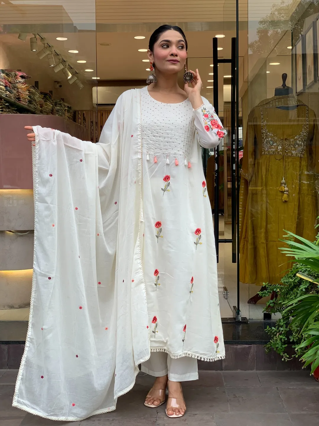 Ivory Floral Embroidered Chanderi Silk Kurta Set Women