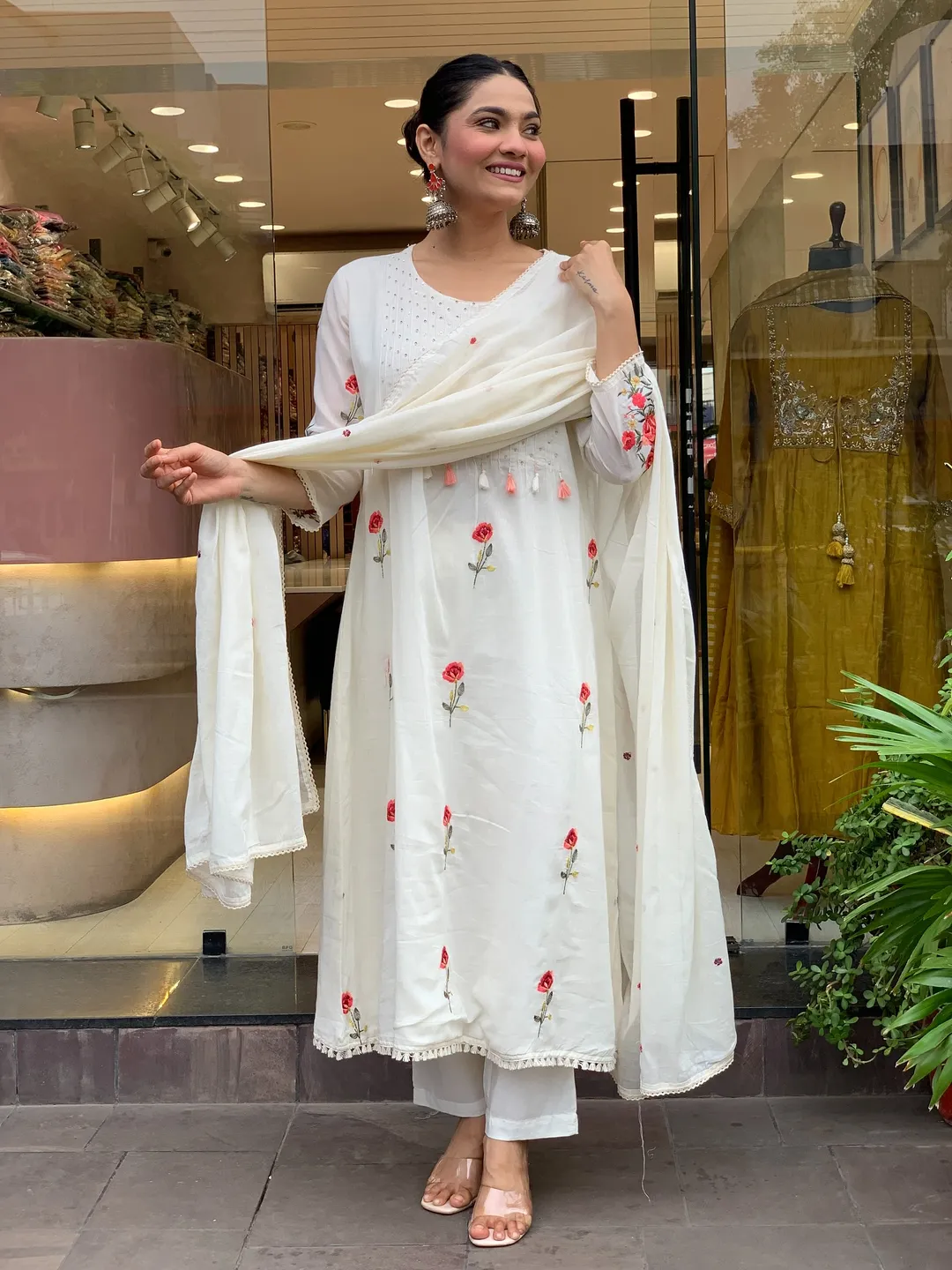 Ivory Floral Embroidered Chanderi Silk Kurta Set Women